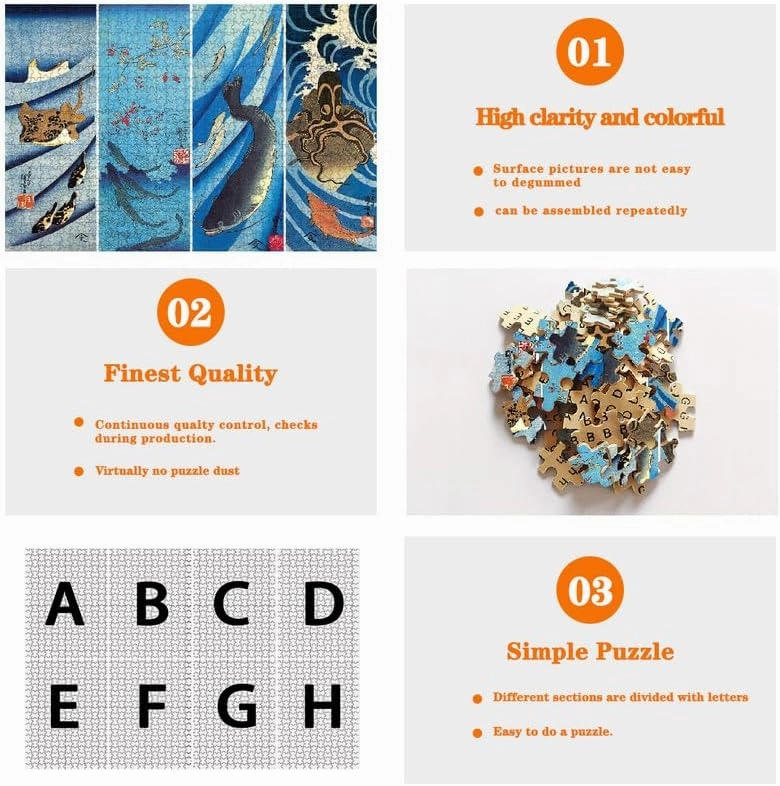 Nine Looms Wooden Jigsaw Puzzle for Adults and 1000 Pcs Japanese Jigsaw carp Ukiyo-e Kuniyoshi Kagawa Works Octopus ray Black Fish Wood Storage Box Fun Challenge Family Game Premium Creative Gift