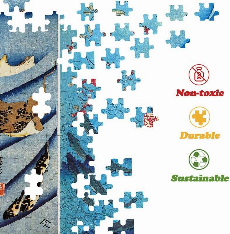 Nine Looms Wooden Jigsaw Puzzle for Adults and 1000 Pcs Japanese Jigsaw carp Ukiyo-e Kuniyoshi Kagawa Works Octopus ray Black Fish Wood Storage Box Fun Challenge Family Game Premium Creative Gift