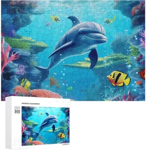 Ocean Underwater Dolphin Fish Puzzles 300 Pieces Personalized Jigsaw Puzzles Ocean Underwater Dolphin Fish Photo Puzzle Challenging Picture Puzzle for Adults Personaliz Jigsaw with Storage Bag (15.7"