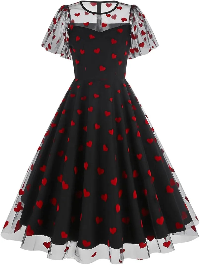 ODIZLI Women's 1950s Retro Vintage Dress Short Sleeve Round Neck Heart Print Embroidery Ruffle Mesh Swing Dress