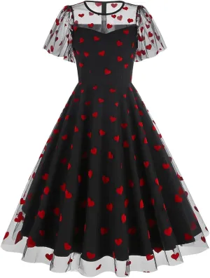 ODIZLI Women's 1950s Retro Vintage Dress Short Sleeve Round Neck Heart Print Embroidery Ruffle Mesh Swing Dress