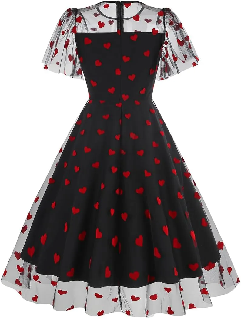 ODIZLI Women's 1950s Retro Vintage Dress Short Sleeve Round Neck Heart Print Embroidery Ruffle Mesh Swing Dress
