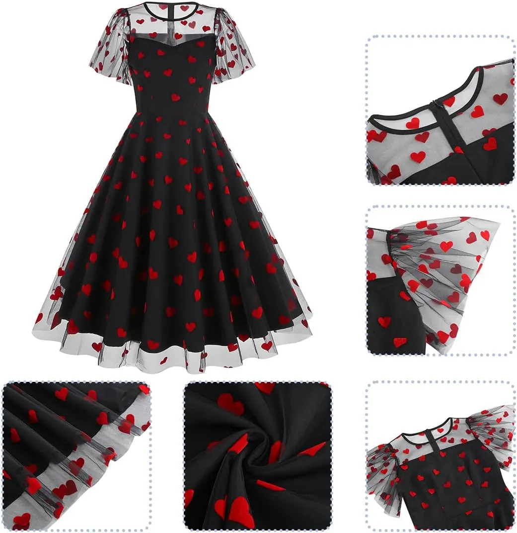 ODIZLI Women's 1950s Retro Vintage Dress Short Sleeve Round Neck Heart Print Embroidery Ruffle Mesh Swing Dress