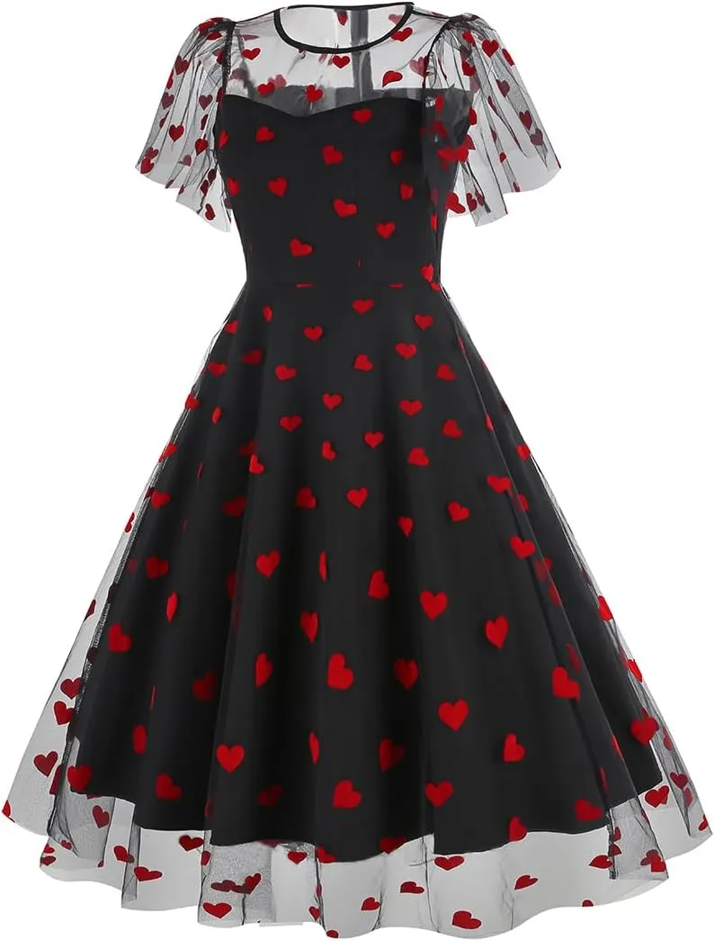 ODIZLI Women's 1950s Retro Vintage Dress Short Sleeve Round Neck Heart Print Embroidery Ruffle Mesh Swing Dress