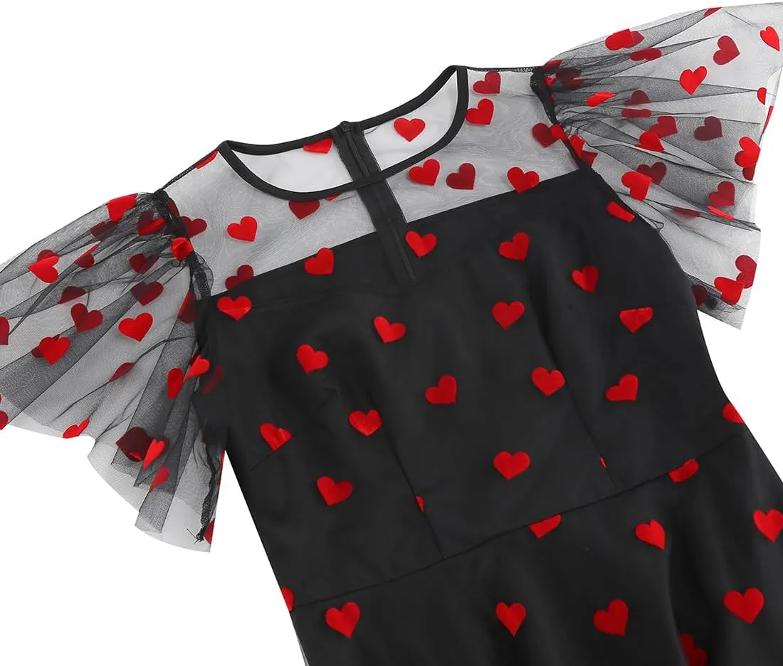 ODIZLI Women's 1950s Retro Vintage Dress Short Sleeve Round Neck Heart Print Embroidery Ruffle Mesh Swing Dress