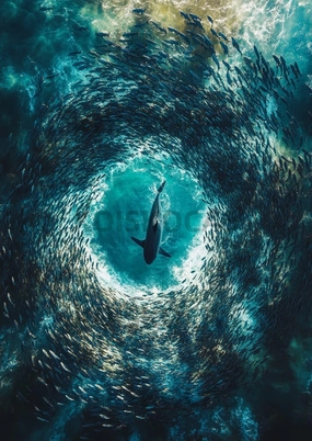 Oil Painting Style Aerial View of a Shark Swimming in The Middle of a School of Fish The Product uses Wooden puzzles-1000PCS for Adults and Children to Brainstorm, Game Nights, Home Decor, and Gifts