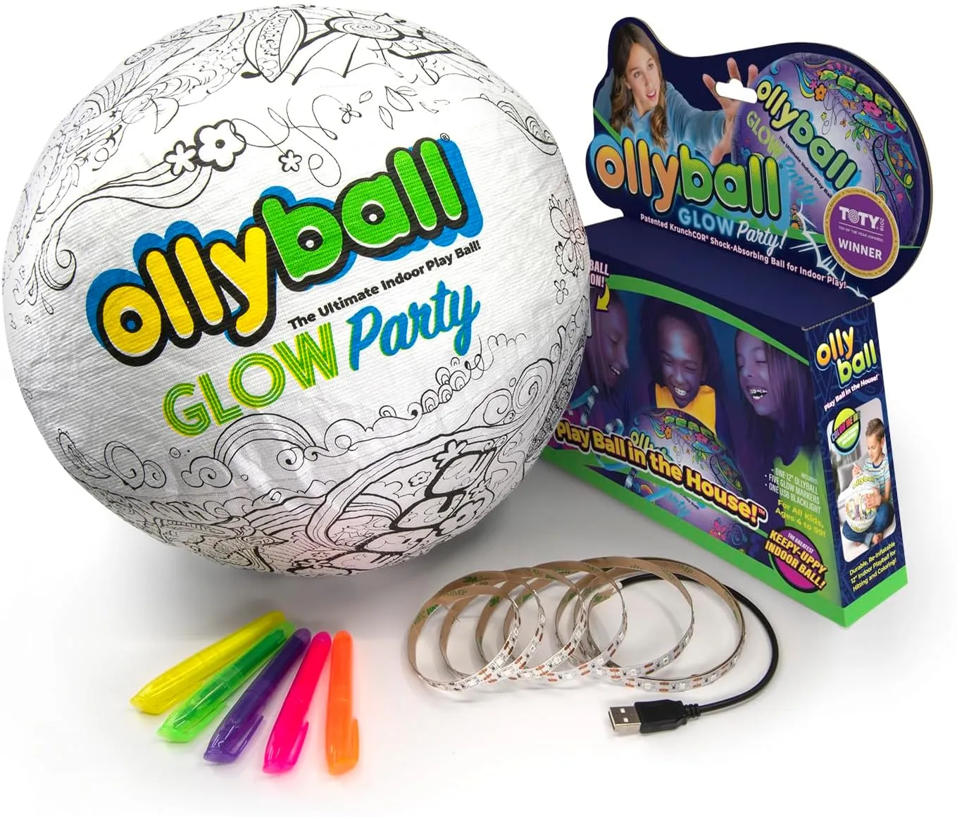 Ollyball New Glow Party! Glow in The Dark Inflatable Ball with LED Blacklight Strip and Five Glow Markers Included, Great Indoor Toy for Kids of All Ages!