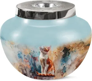 Orange Cat Memorial Urn for Human Ashes Adult Mom & Dad - Blue Matki Urns for Decorative - Large Cremation Urns for Male & Female (7 Inch)