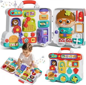 ORANGE OCEAN 54-in-1 English & Spanish Musical Busy Board Montessori Toys for Toddler 1-3, Early Educational Montessori Toy for 1 2 3 Year Old Boys, Bilingual Learning Toy Gifts for 1  Year Old Boys