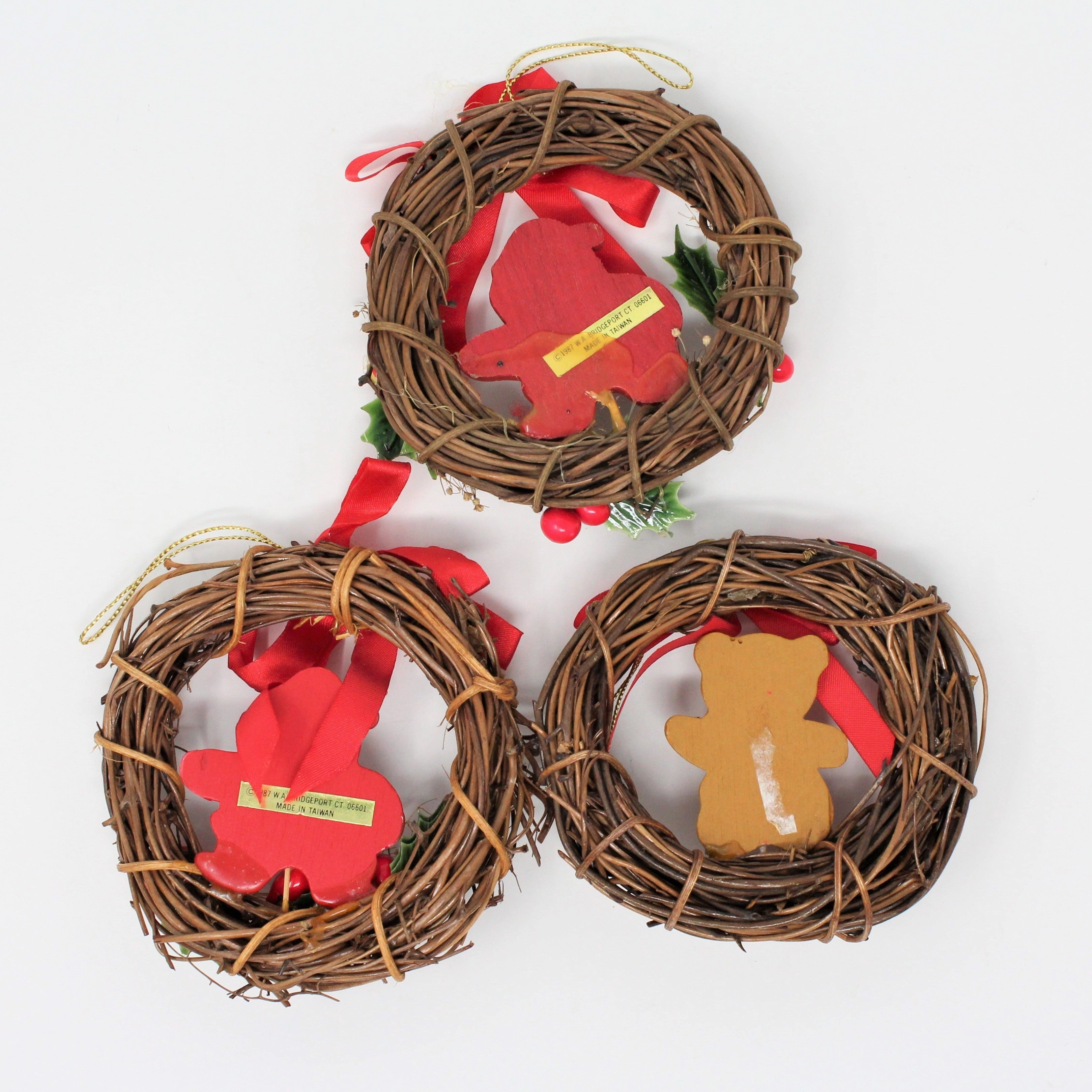 Ornaments, Santa & Teddy Bear Wreaths, Natural Grapevine, Set of 3, Vintage Christmas