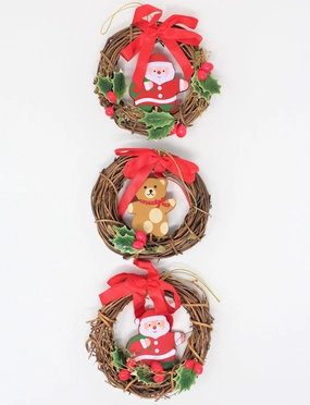 Ornaments, Santa & Teddy Bear Wreaths, Natural Grapevine, Set of 3, Vintage Christmas