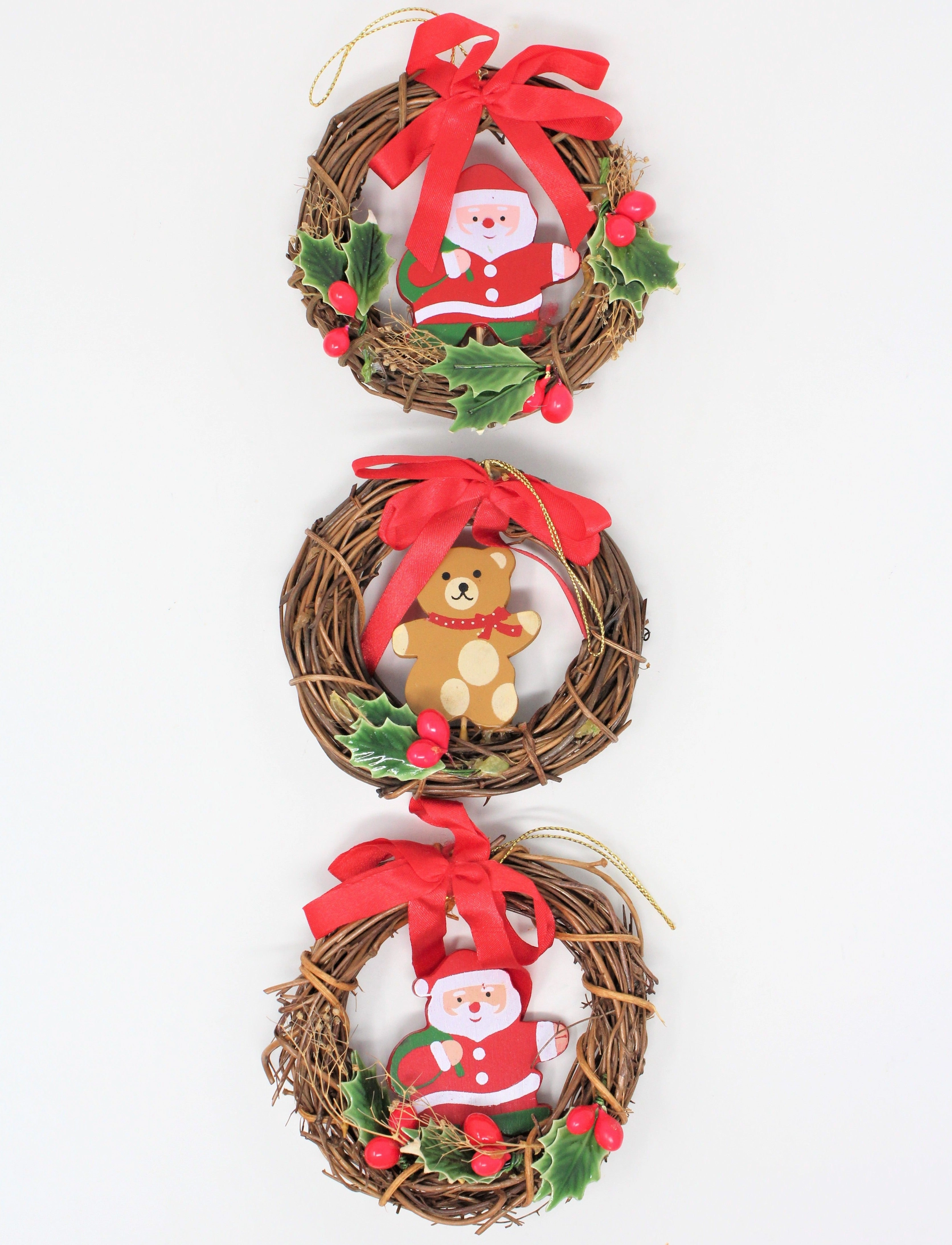 Ornaments, Santa & Teddy Bear Wreaths, Natural Grapevine, Set of 3, Vintage Christmas