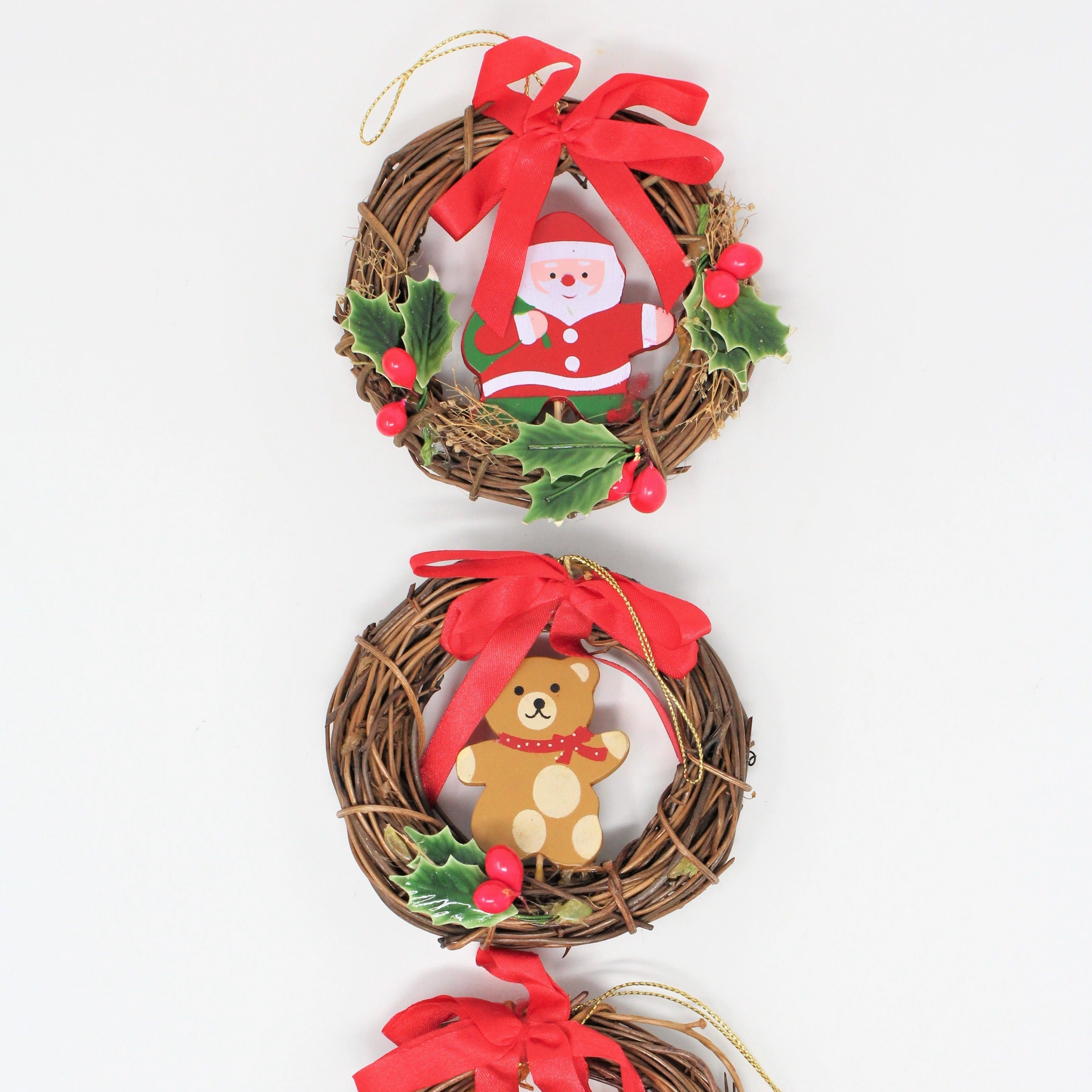 Ornaments, Santa & Teddy Bear Wreaths, Natural Grapevine, Set of 3, Vintage Christmas