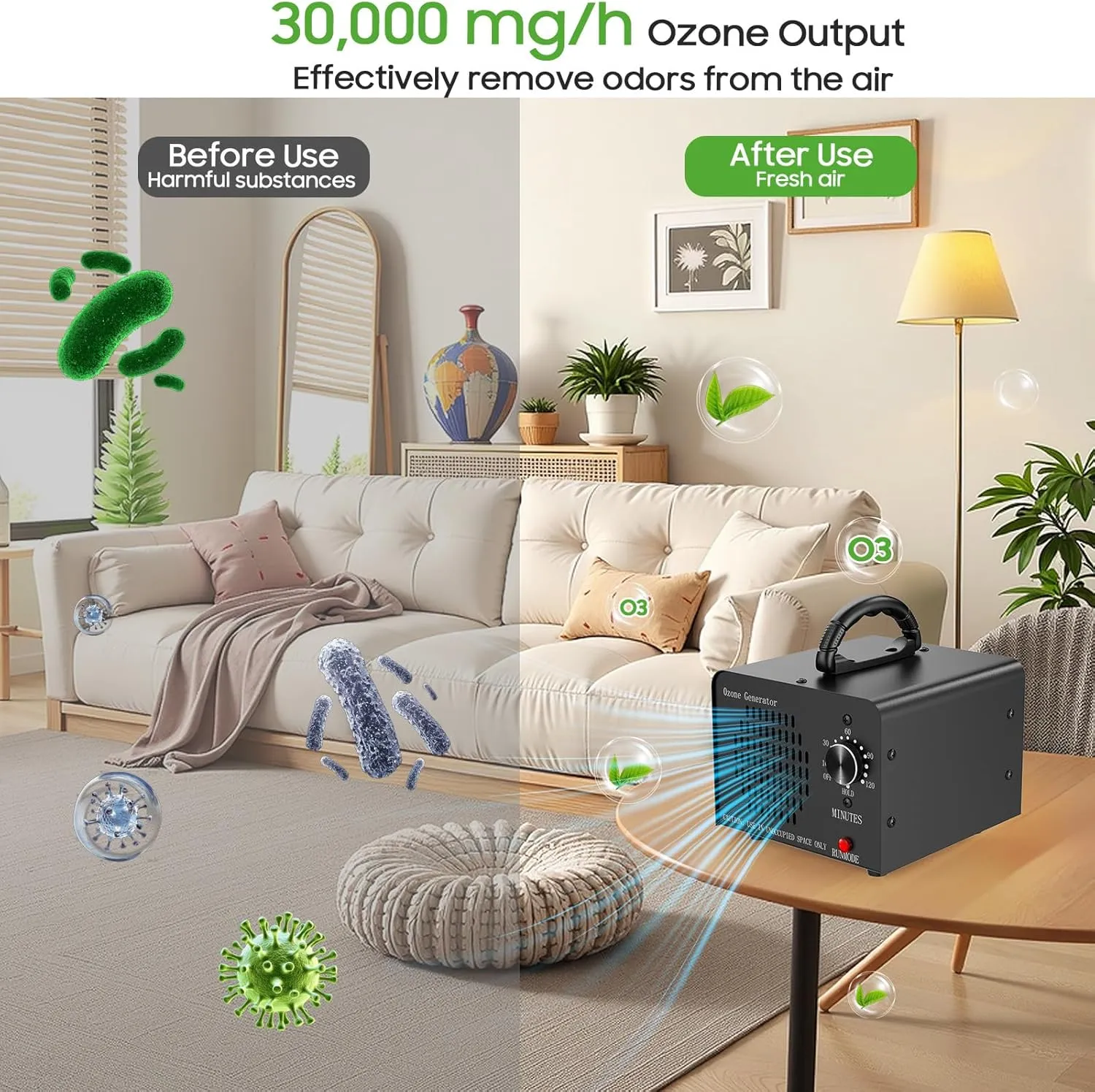 Ozone Generator 30,000mg/h, High Capacity Ozone Machine for Home Car Pet & Basement Odor, Suitable for Spaces up to 4,000 Square Feet, Black