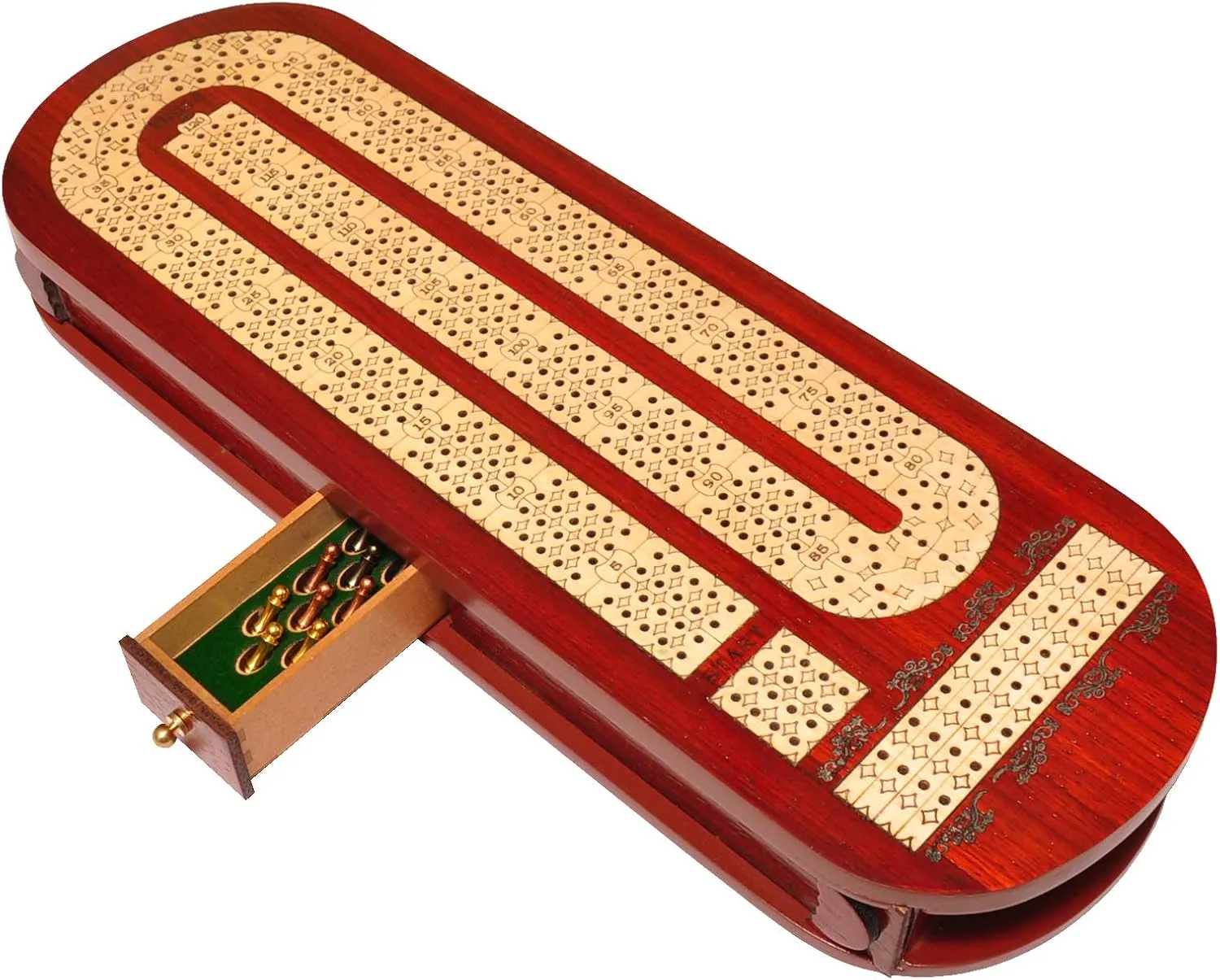 Palm Royal Handicrafts 4 Player Wooden Cribbage Board Game Set - Alphabet E Shaped Track - Bloodwood & Maplewood - 15 x 5 Inches