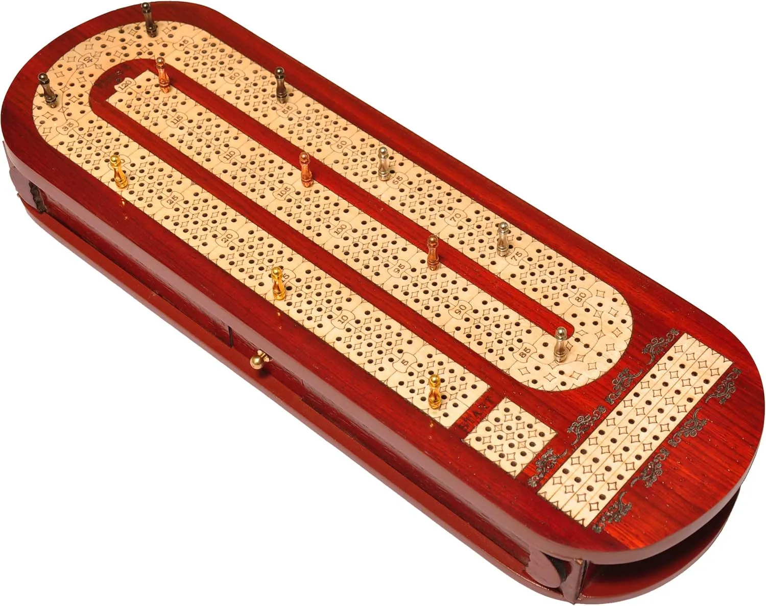 Palm Royal Handicrafts 4 Player Wooden Cribbage Board Game Set - Alphabet E Shaped Track - Bloodwood & Maplewood - 15 x 5 Inches