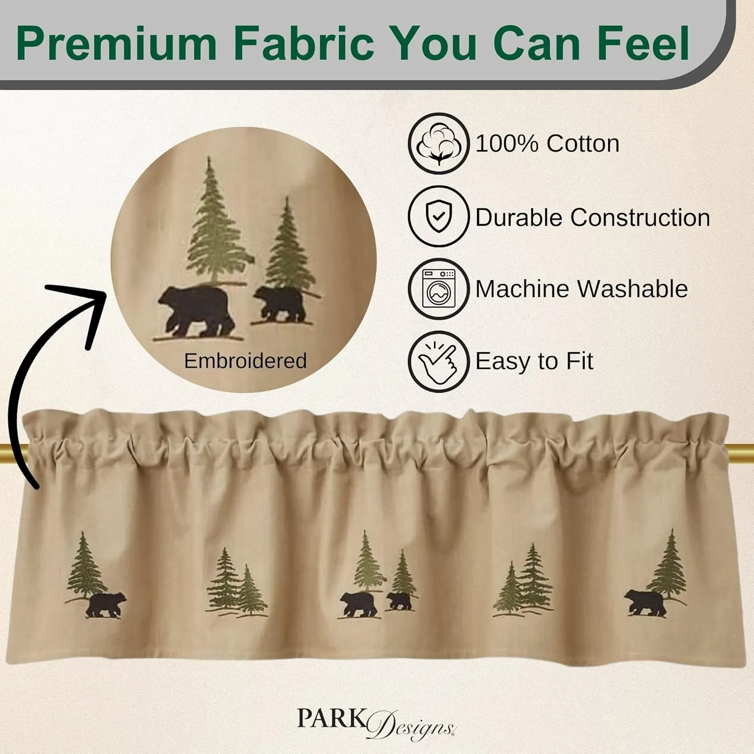 Park Designs Farmhouse Kitchen Valances for Windows - Black Bear Embroidered | Fall Decor Window Valance Curtains | Plaid Curtain Valances for Windows | Boho Living Rooms & Bathrooms | 60" x 14"