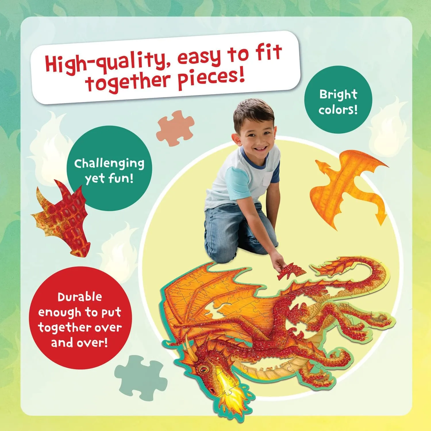 Peaceable Kingdom Dragon Puzzle – Floor Puzzles for Kids Ages 5 & Up – Includes 55 Sturdy Pieces & Carrying Case with Corded Handle