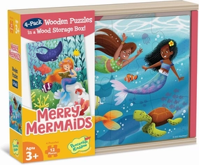 Peaceable Kingdom Merry Mermaids 4-in-1 Wooden Jigsaw Puzzles in a Wooden Storage Box, Kids Mermaid Puzzle, Educational Girls Boys (48 Pieces Total)