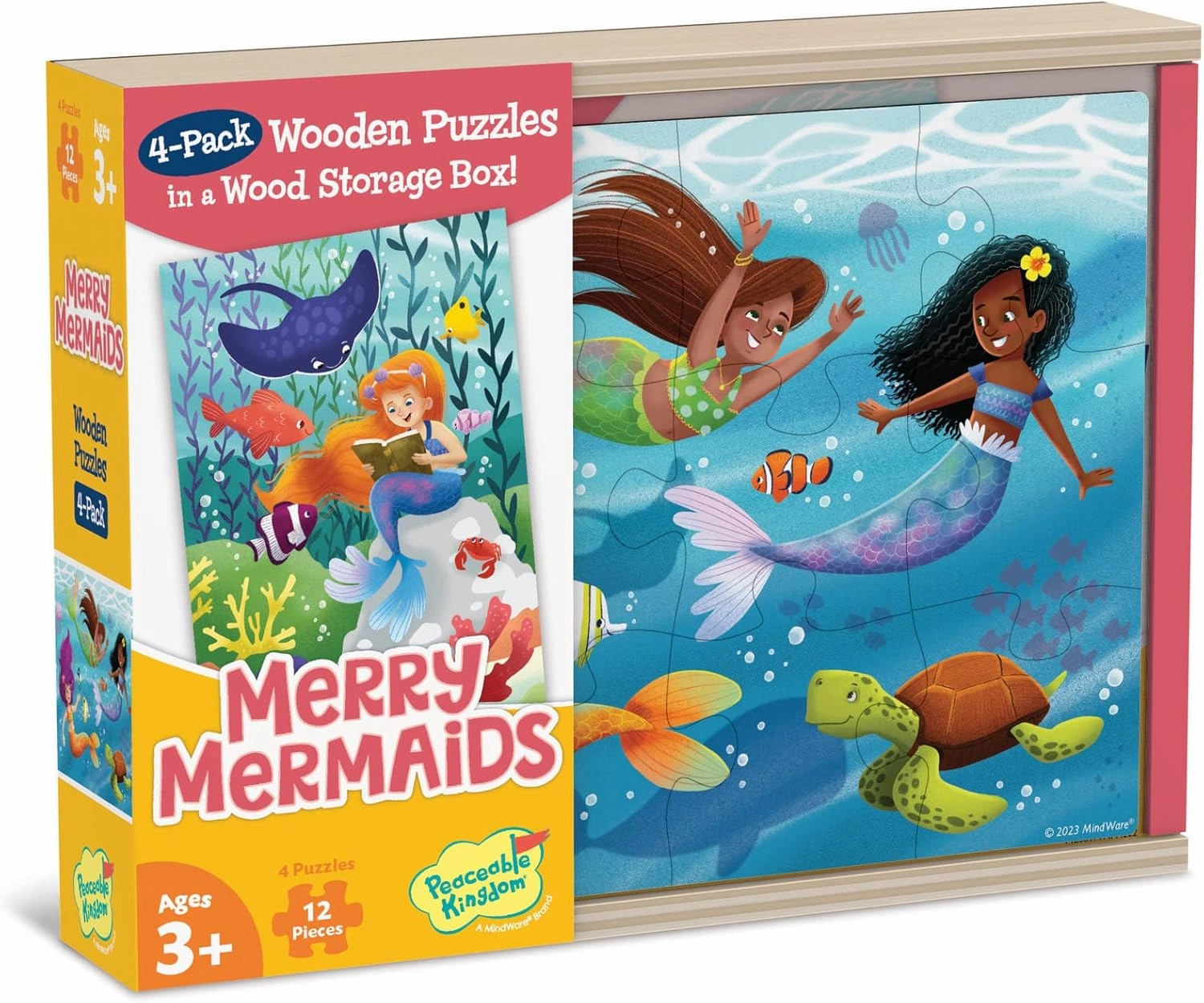 Peaceable Kingdom Merry Mermaids 4-in-1 Wooden Jigsaw Puzzles in a Wooden Storage Box, Kids Mermaid Puzzle, Educational Girls Boys (48 Pieces Total)