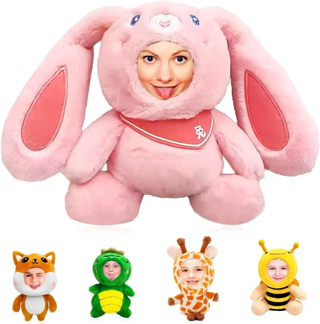 Personalized Mini Stuffed Animal Keychain: Custom Small Hanging Plush Toy with Face Photo - (5in) (Pink Rabbit)