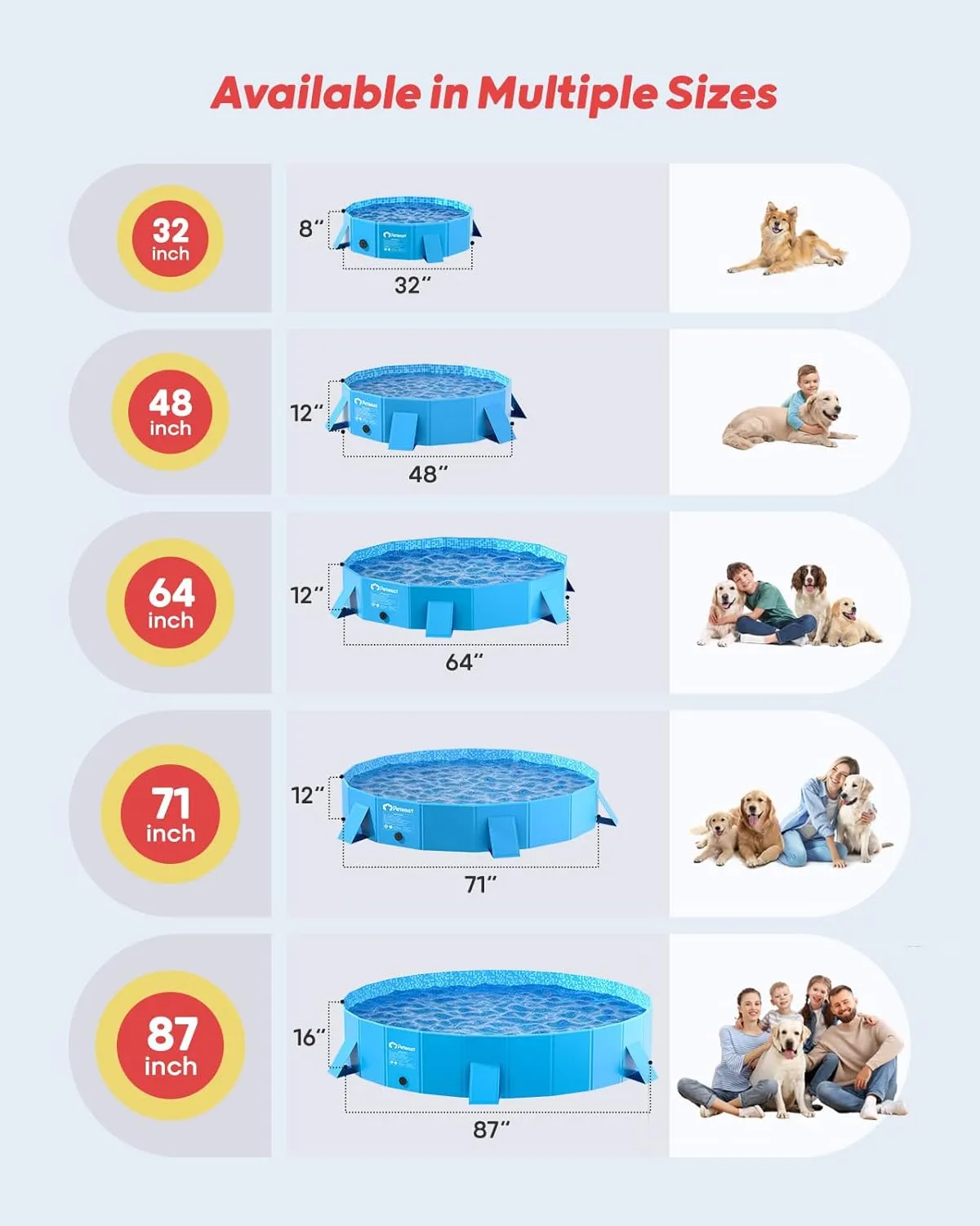 Peteast Foldable Dog Kiddie Pool with Stable Side Support, Hard Plastic Shell Portable Dog Pool, Collapsible Swimming Pools for Pet and Kids, 64 in