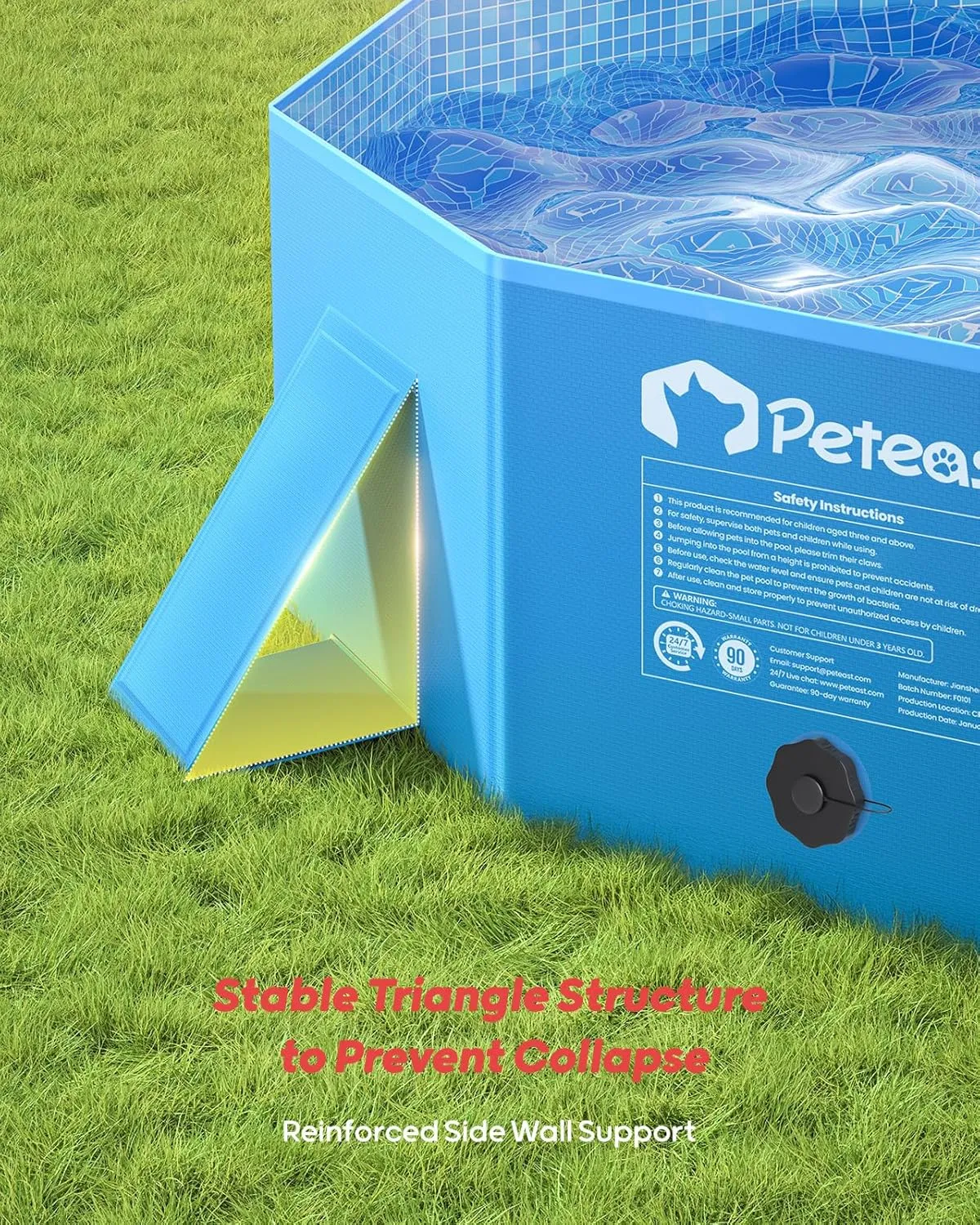 Peteast Foldable Dog Kiddie Pool with Stable Side Support, Hard Plastic Shell Portable Dog Pool, Collapsible Swimming Pools for Pet and Kids, 64 in