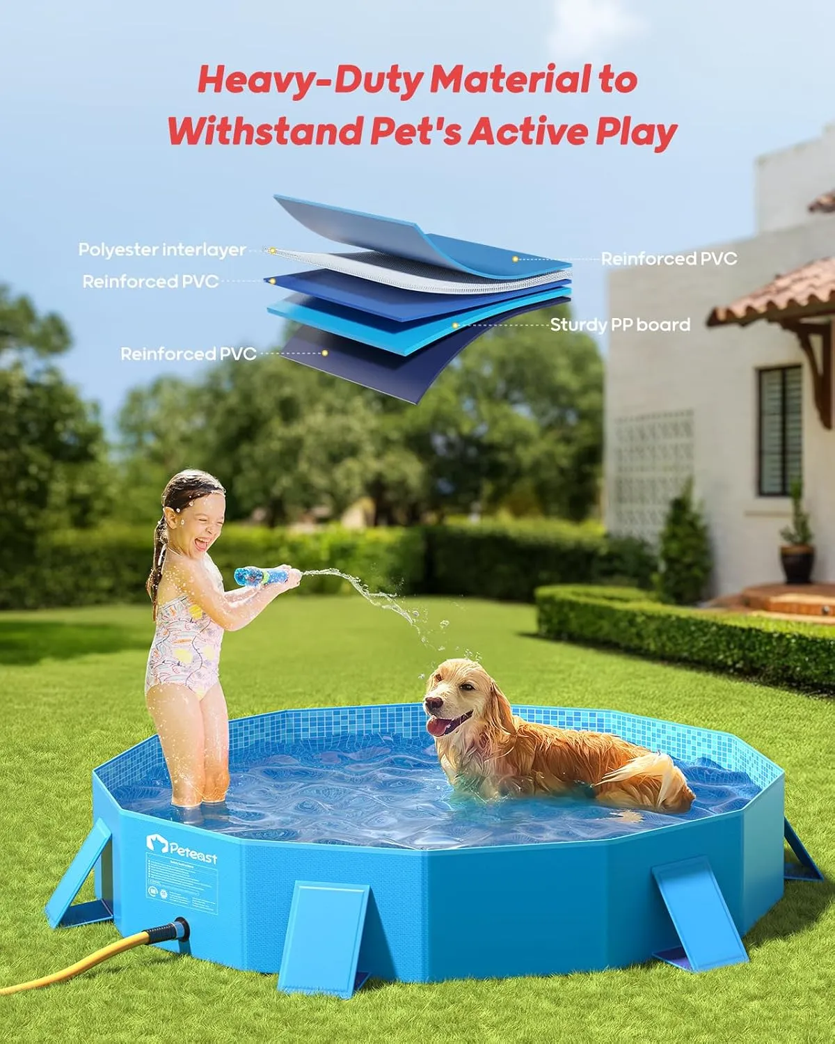 Peteast Foldable Dog Kiddie Pool with Stable Side Support, Hard Plastic Shell Portable Dog Pool, Collapsible Swimming Pools for Pet and Kids, 64 in