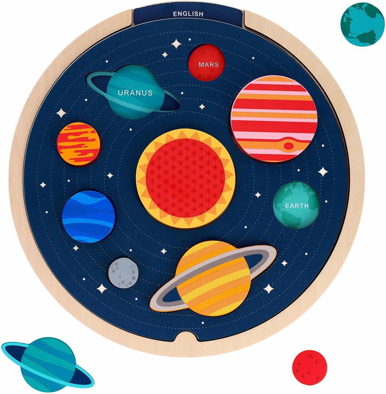 Petit Collage: Multi-Language Solar System Wooden Tray Puzzle | Teaches Kids Planet Names in 6 Different Languages | Includes Inter-Changeable Language Sheets| STEAM Activity | Great for Ages 3 