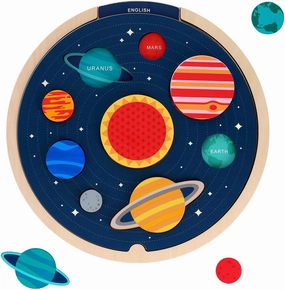 Petit Collage: Multi-Language Solar System Wooden Tray Puzzle | Teaches Kids Planet Names in 6 Different Languages | Includes Inter-Changeable Language Sheets| STEAM Activity | Great for Ages 3 
