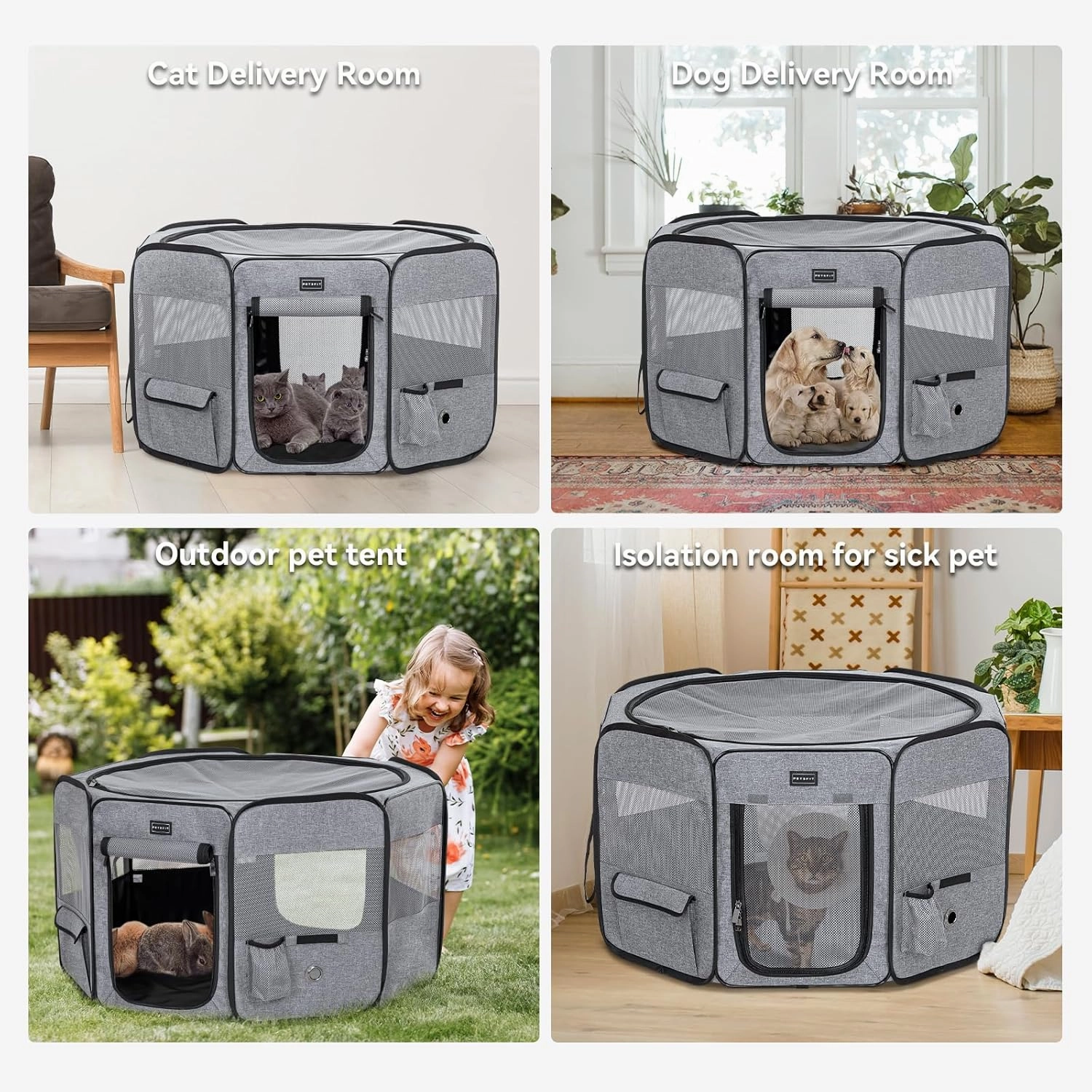 Petsfit Puppy Dog Playpen Indoor, Small Playpen for Dogs Cat Playpen Outdoor, Portable with Carrying Case, Removable Zipper Sealed Cover Playpen Mat Grey Small (29.5"x29.5"x16.5"H)