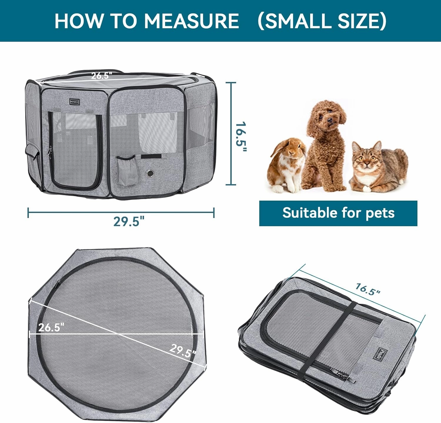 Petsfit Puppy Dog Playpen Indoor, Small Playpen for Dogs Cat Playpen Outdoor, Portable with Carrying Case, Removable Zipper Sealed Cover Playpen Mat Grey Small (29.5"x29.5"x16.5"H)