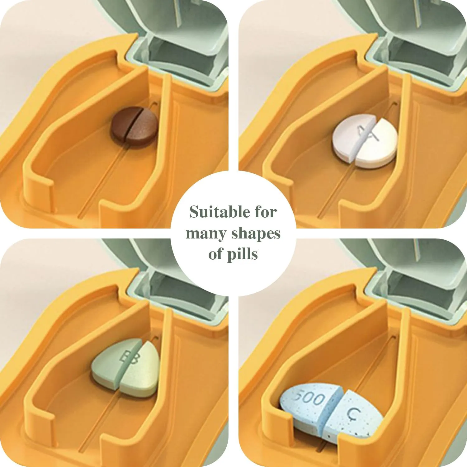 Pill Cutter Splitter for Small and Tiny Pills - Pill Cutter 1/4 - Accurately Cuts Multiple Pills - Easy Open Snap Button. Detachable Nonslip V-Shaped Pad. Wrap-Around Blade Guard. Back Storage (Cyan)