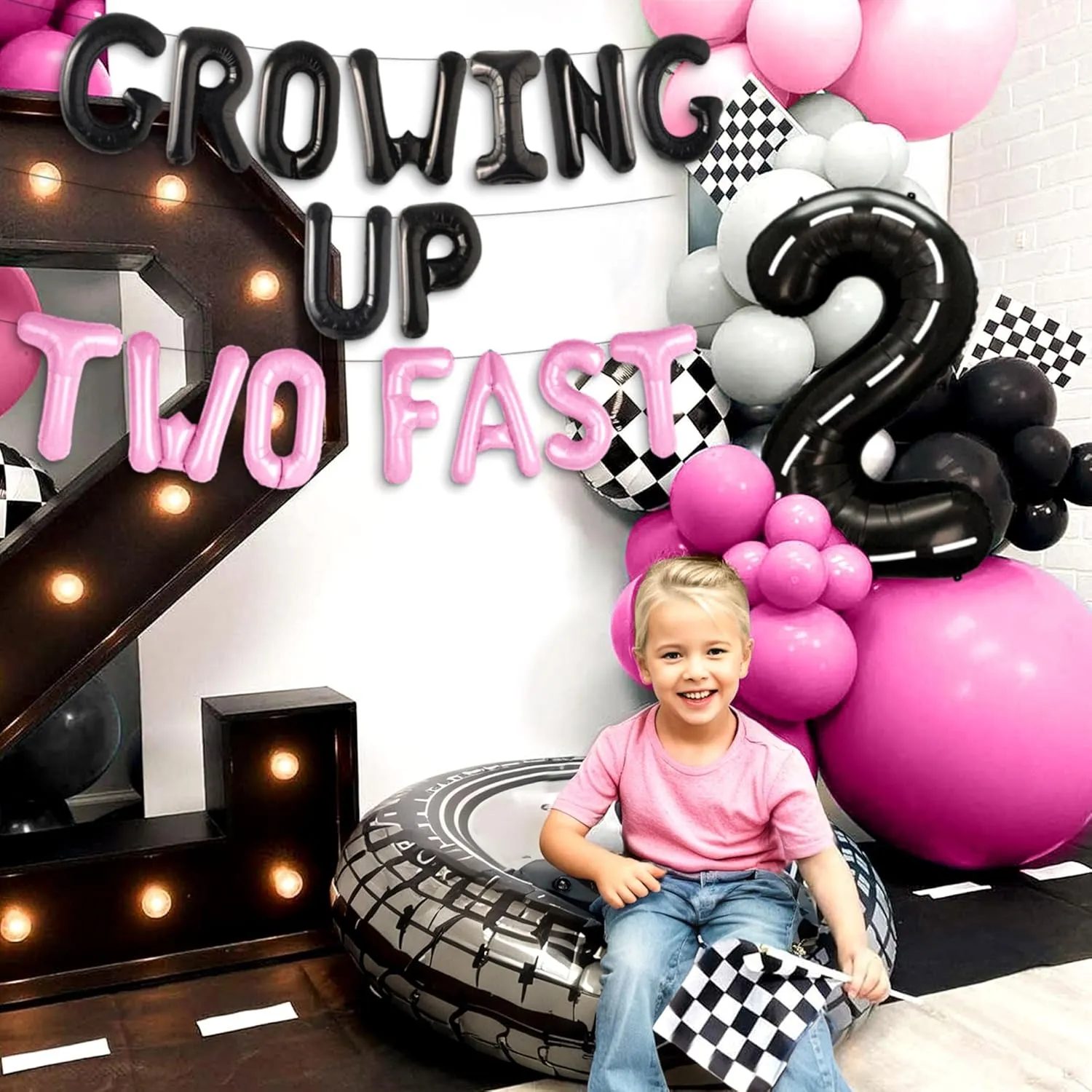 Pink Two Fast Birthday Decorations Growing Up Two Fast Birthday Backdrop Number 2 Balloons Racing Car 2nd Birthday for Racing Car 2nd Birthday Boys