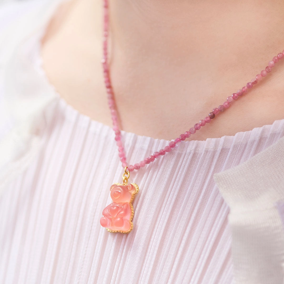 Pink Tourmaline Teddy Bear Hard Gummy Necklace (Strawberry)【Japan Jewelry】