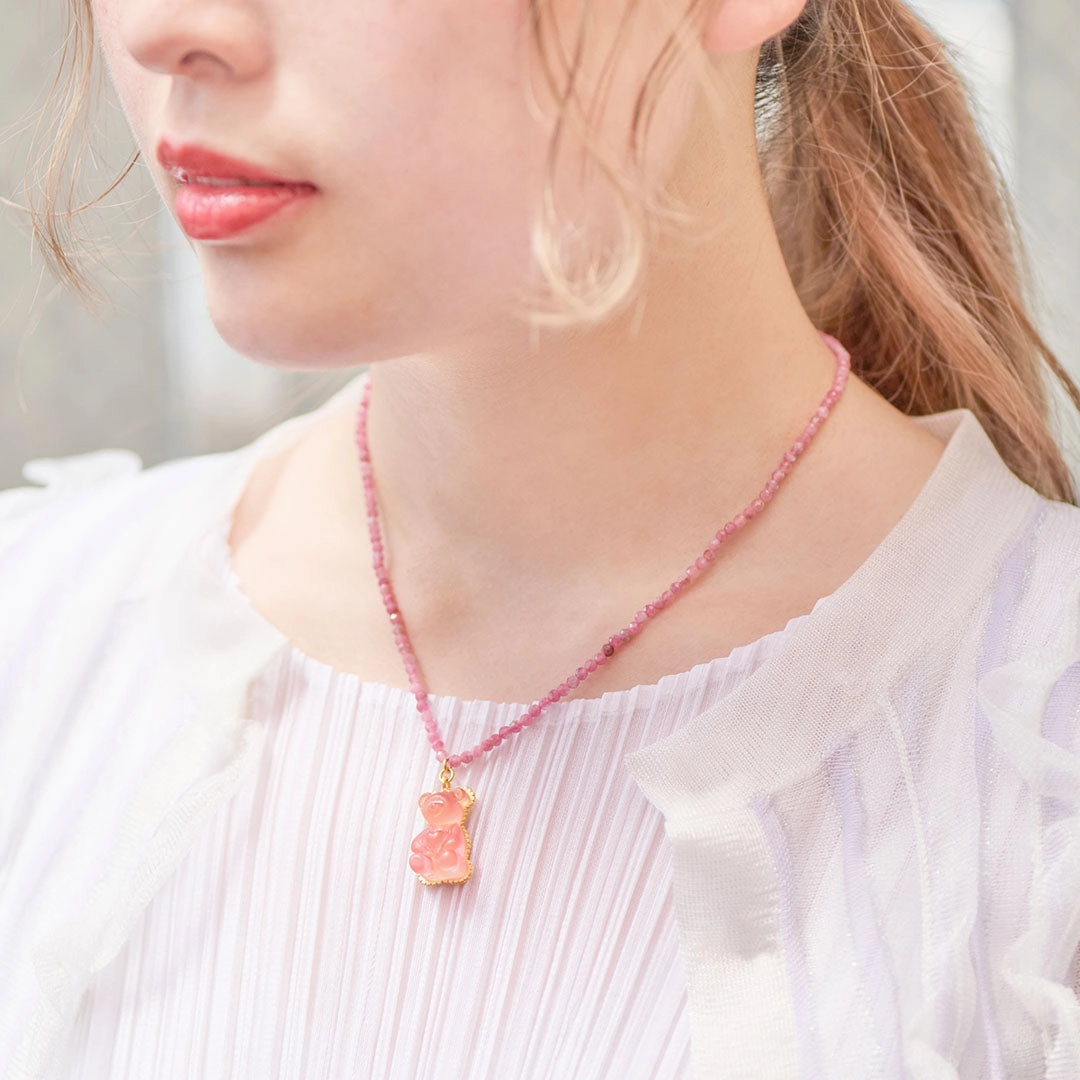 Pink Tourmaline Teddy Bear Hard Gummy Necklace (Strawberry)【Japan Jewelry】