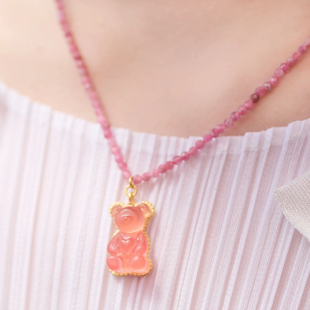 Pink Tourmaline Teddy Bear Hard Gummy Necklace (Strawberry)【Japan Jewelry】