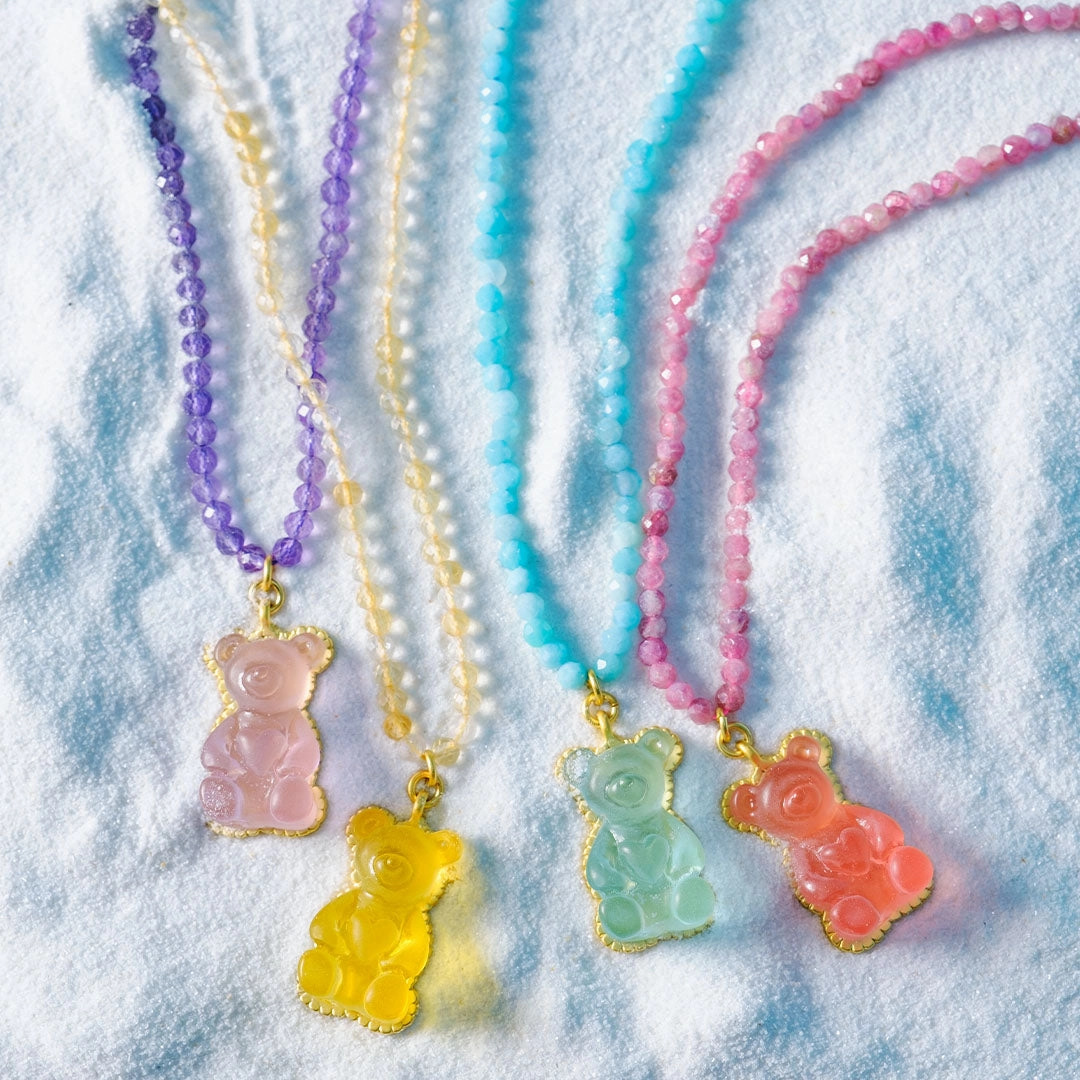 Pink Tourmaline Teddy Bear Hard Gummy Necklace (Strawberry)【Japan Jewelry】
