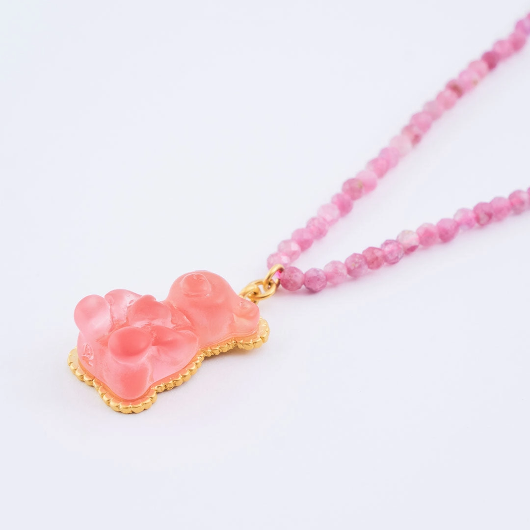 Pink Tourmaline Teddy Bear Hard Gummy Necklace (Strawberry)【Japan Jewelry】