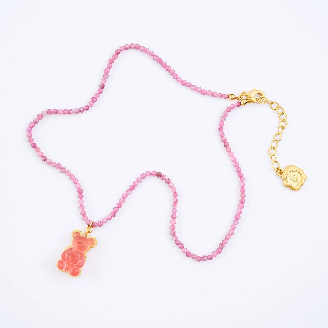 Pink Tourmaline Teddy Bear Hard Gummy Necklace (Strawberry)【Japan Jewelry】