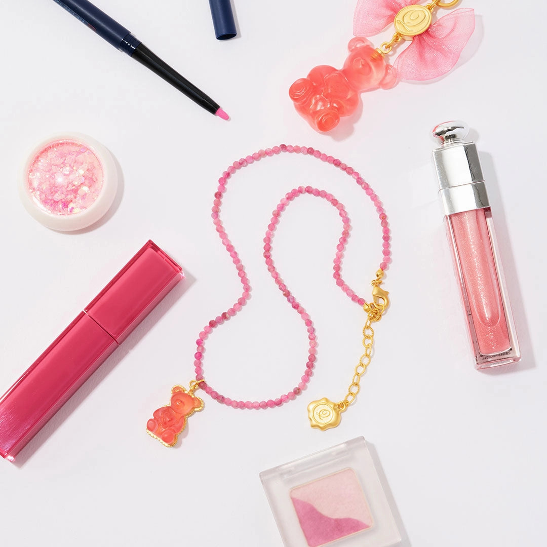 Pink Tourmaline Teddy Bear Hard Gummy Necklace (Strawberry)【Japan Jewelry】