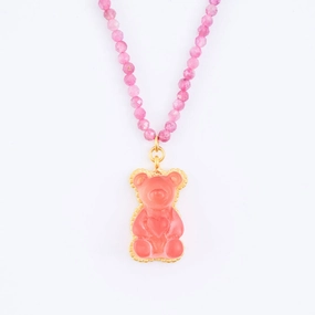 Pink Tourmaline Teddy Bear Hard Gummy Necklace (Strawberry)【Japan Jewelry】