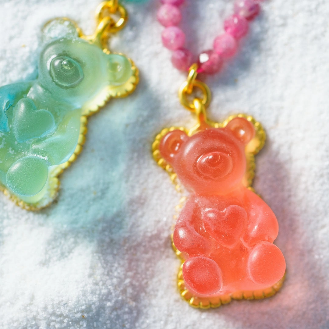 Pink Tourmaline Teddy Bear Hard Gummy Necklace (Strawberry)【Japan Jewelry】