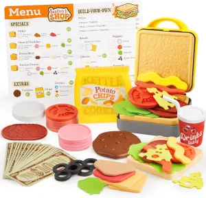 Play Food Toy for 3 4 5 6 Year Old Kids, 35 Pcs Play Kitchen Accessories, Interactive Panini Sandwitch Making Toy with Menu and Play Money, Restaurant Pretend and Play Toy for Girls Boys Birthday Gift