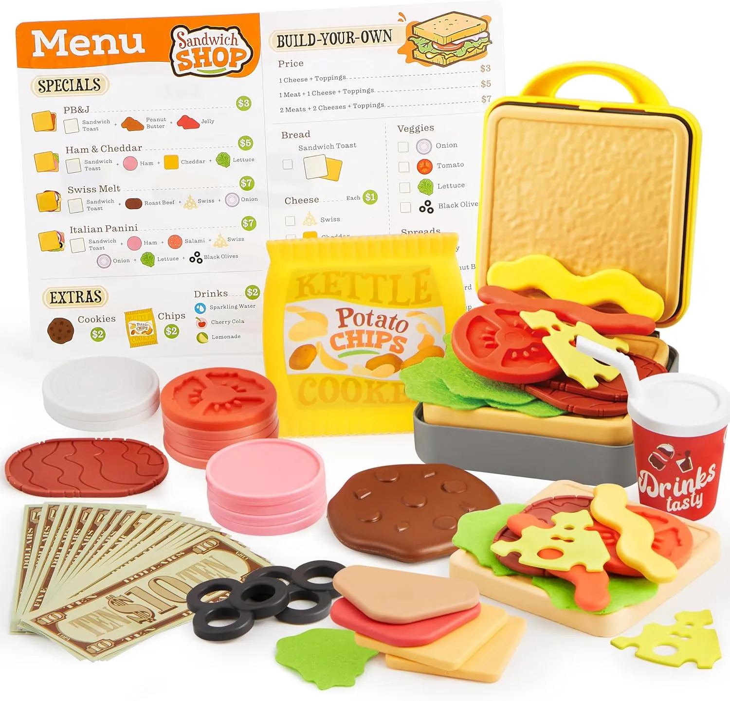 Play Food Toy for 3 4 5 6 Year Old Kids, 35 Pcs Play Kitchen Accessories, Interactive Panini Sandwitch Making Toy with Menu and Play Money, Restaurant Pretend and Play Toy for Girls Boys Birthday Gift
