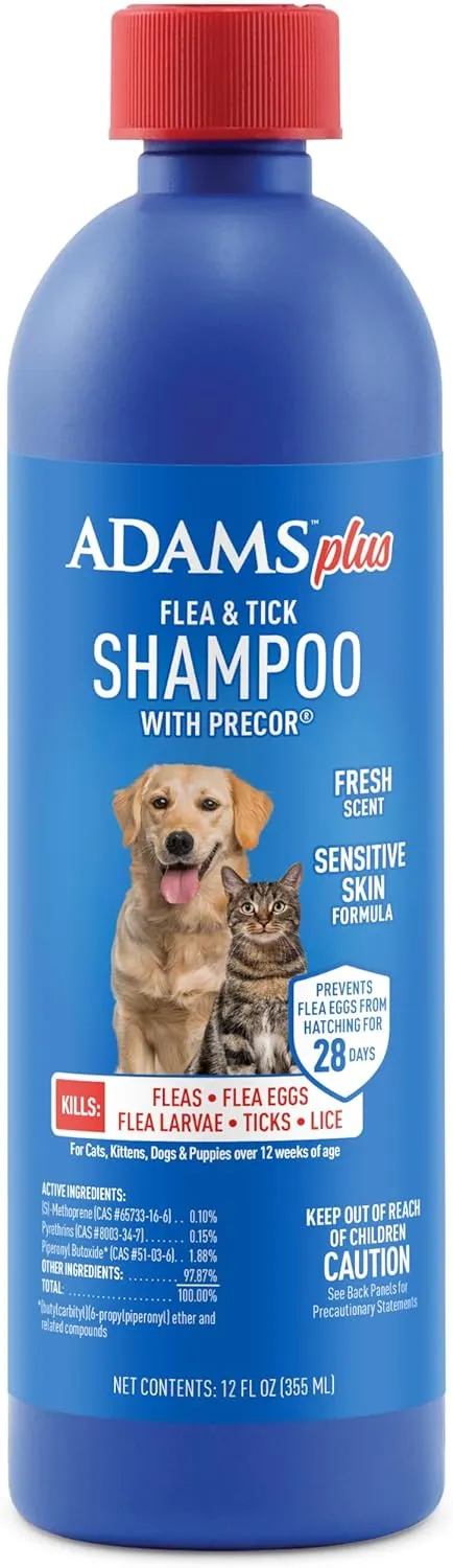 Plus Flea & Tick Shampoo with Precor for Cats, Kittens, Dogs & Puppies Over 12 Weeks Of Age Sensitive Skin Flea Treatment | Kills Adult Fleas, Flea Eggs, Ticks, and Lice| 12 Ounces