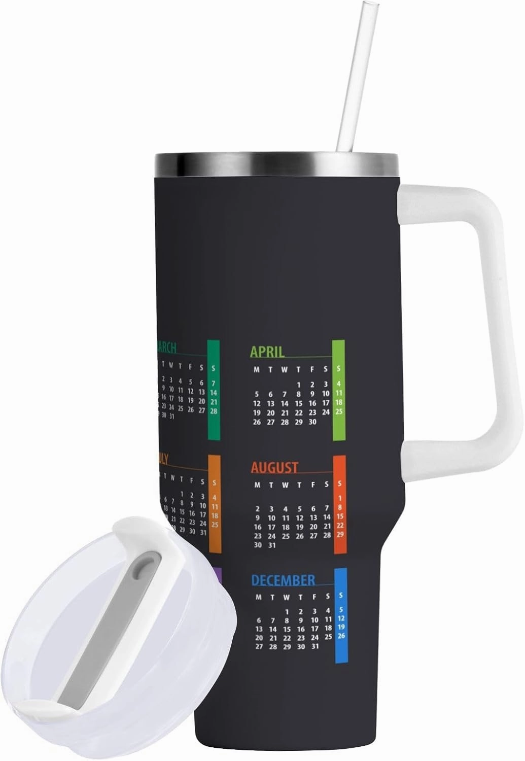 Poeticcity Stainless Steel Car Travel Mug, Thermal Tumbler Insulated Water Bottle Hot Holder Vacuum Coffee Cold Tea Cup 40 oz Colorful Calendar Template Mock up Week Starts on Monday on Dark