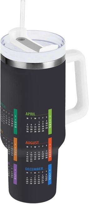 Poeticcity Stainless Steel Car Travel Mug, Thermal Tumbler Insulated Water Bottle Hot Holder Vacuum Coffee Cold Tea Cup 40 oz Colorful Calendar Template Mock up Week Starts on Monday on Dark