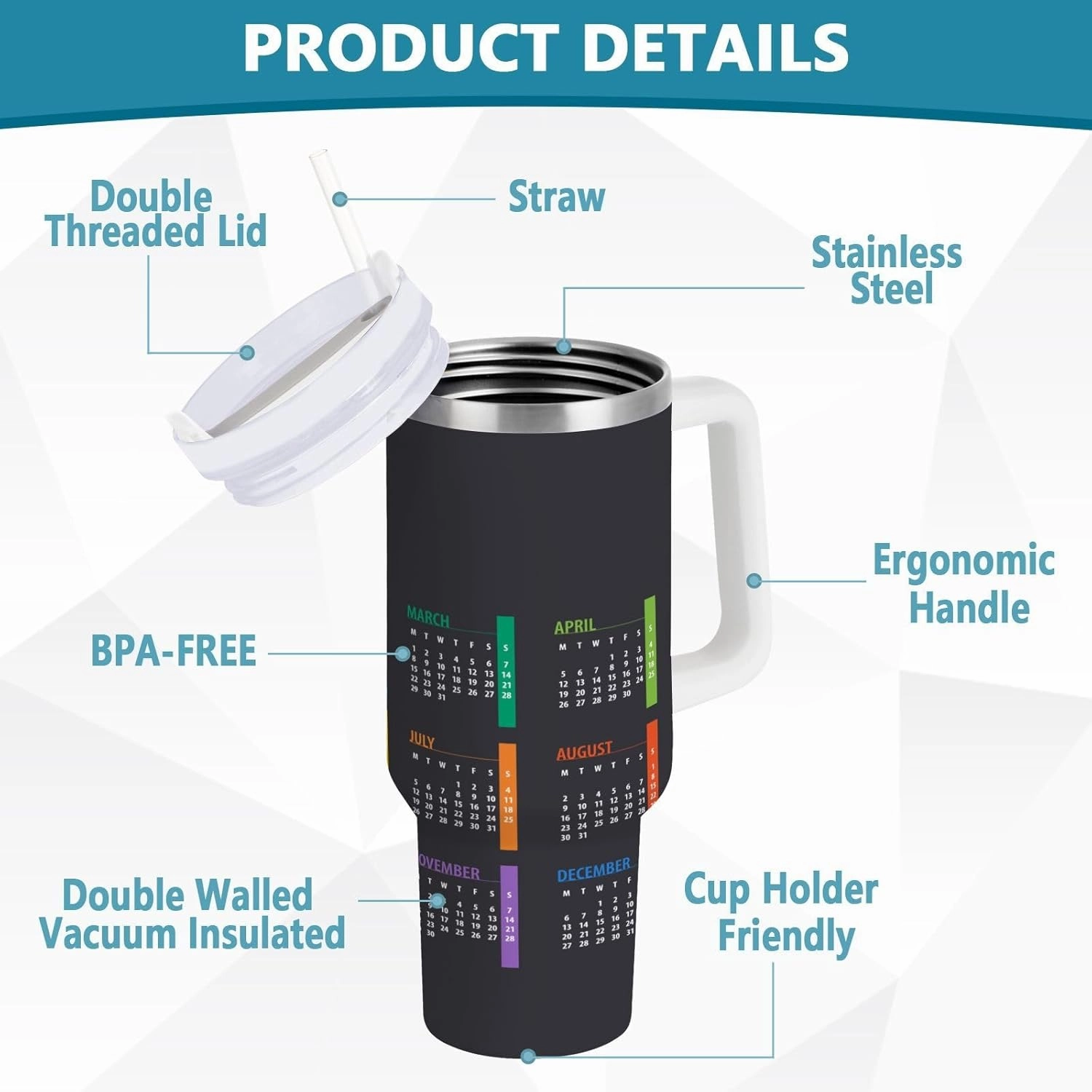 Poeticcity Stainless Steel Car Travel Mug, Thermal Tumbler Insulated Water Bottle Hot Holder Vacuum Coffee Cold Tea Cup 40 oz Colorful Calendar Template Mock up Week Starts on Monday on Dark