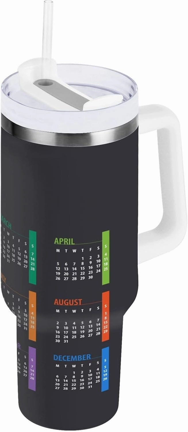 Poeticcity Stainless Steel Car Travel Mug, Thermal Tumbler Insulated Water Bottle Hot Holder Vacuum Coffee Cold Tea Cup 40 oz Colorful Calendar Template Mock up Week Starts on Monday on Dark